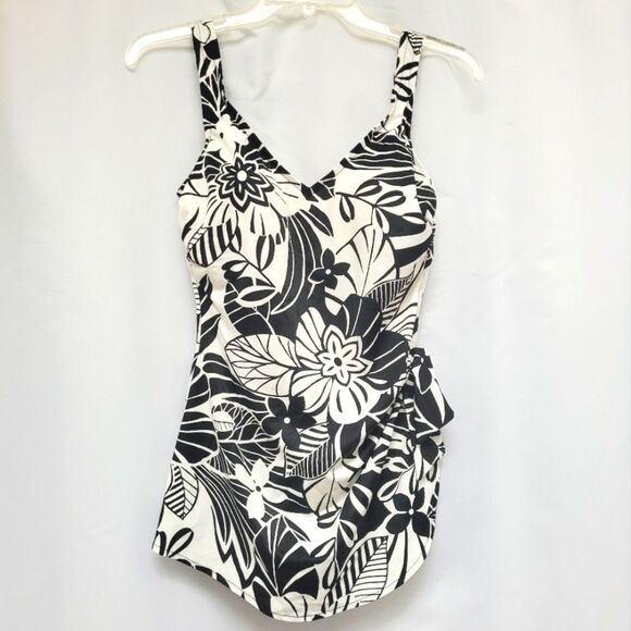 Floral Black and White One-Piece Swimsuit - Picture 1 of 11